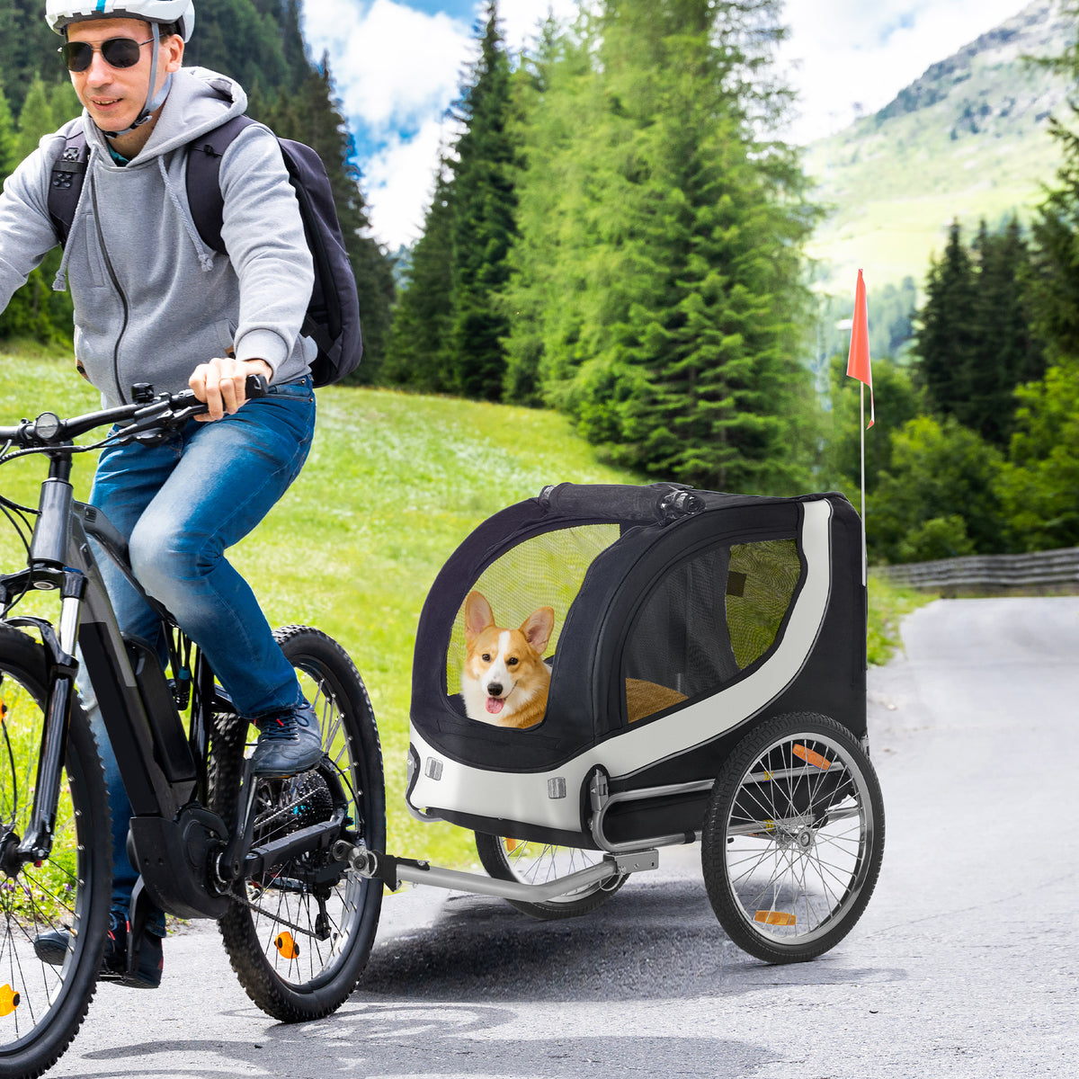 Bicycle trailer dog trailer up to 20kg mesh windows, roll-up cover, universal hitch white+black (2)