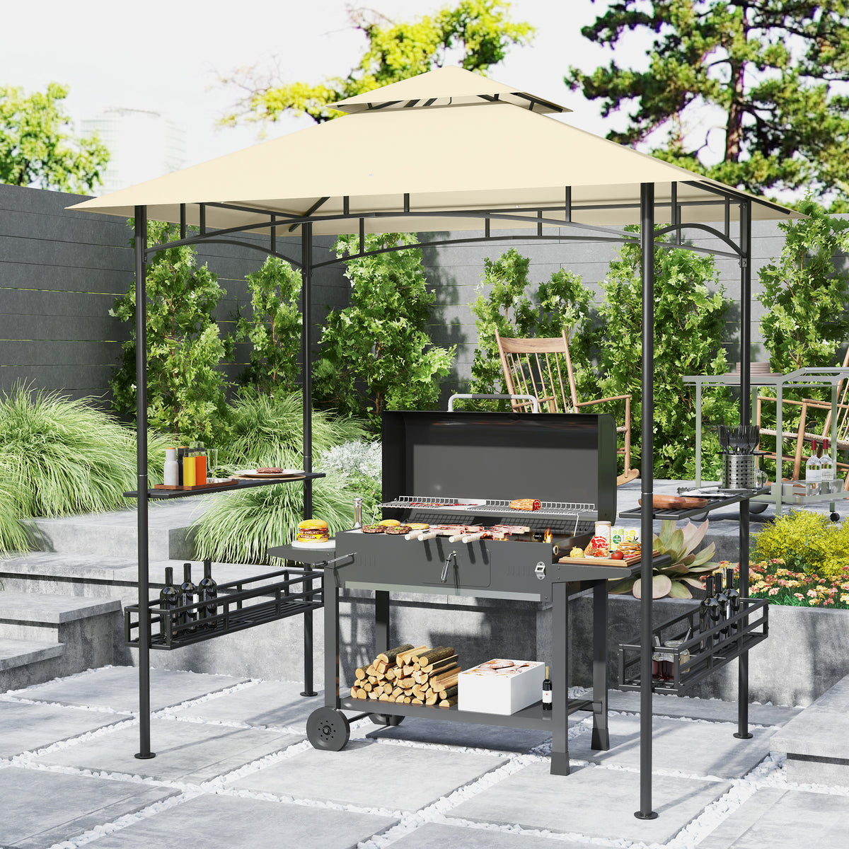 Grill tent, BBQ tent, garden gazebo with 2 shelves, storage baskets, hooks, for patio, beige (2)