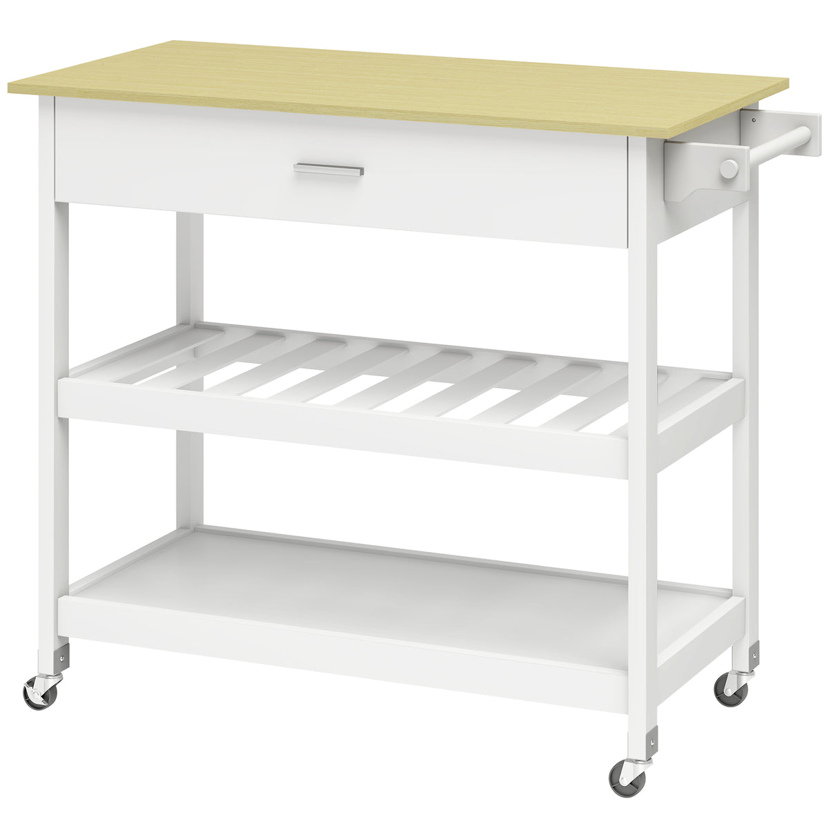 Kitchen trolley with storage, rolling kitchen island with large countertop, drawer, 2 open shelves, towel holder