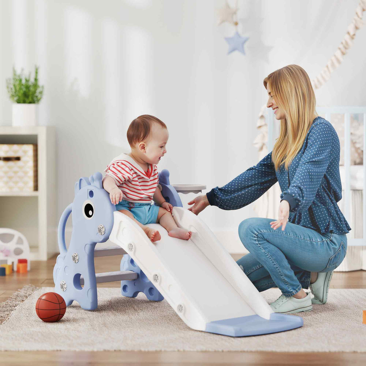 3-in-1 children's slide, giraffe design, basketball hoop, ball, blue (2)
