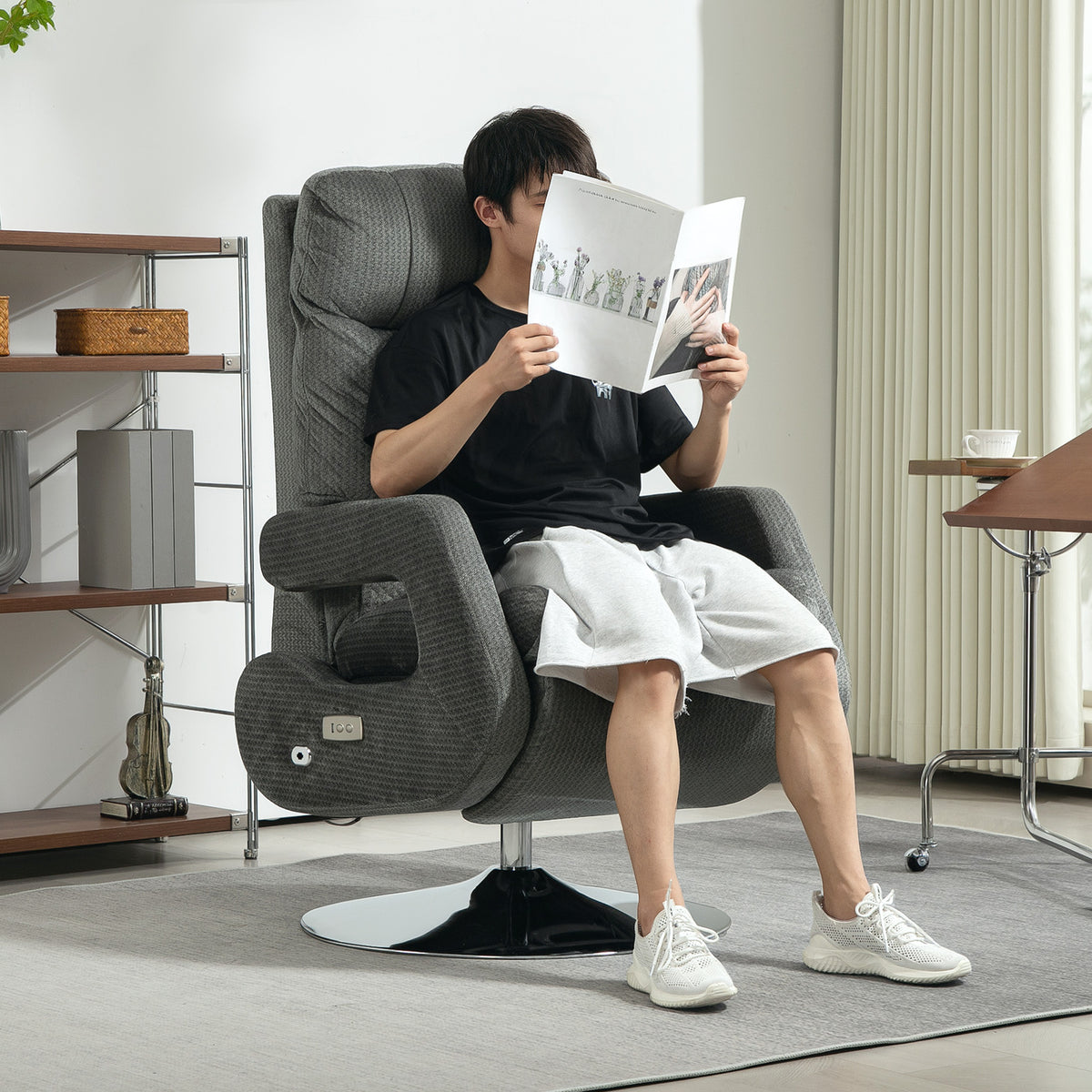 Recliner chair, electric upholstered armchair with USB port and footrest, velvet look, swivel, adjustable, grey (2)