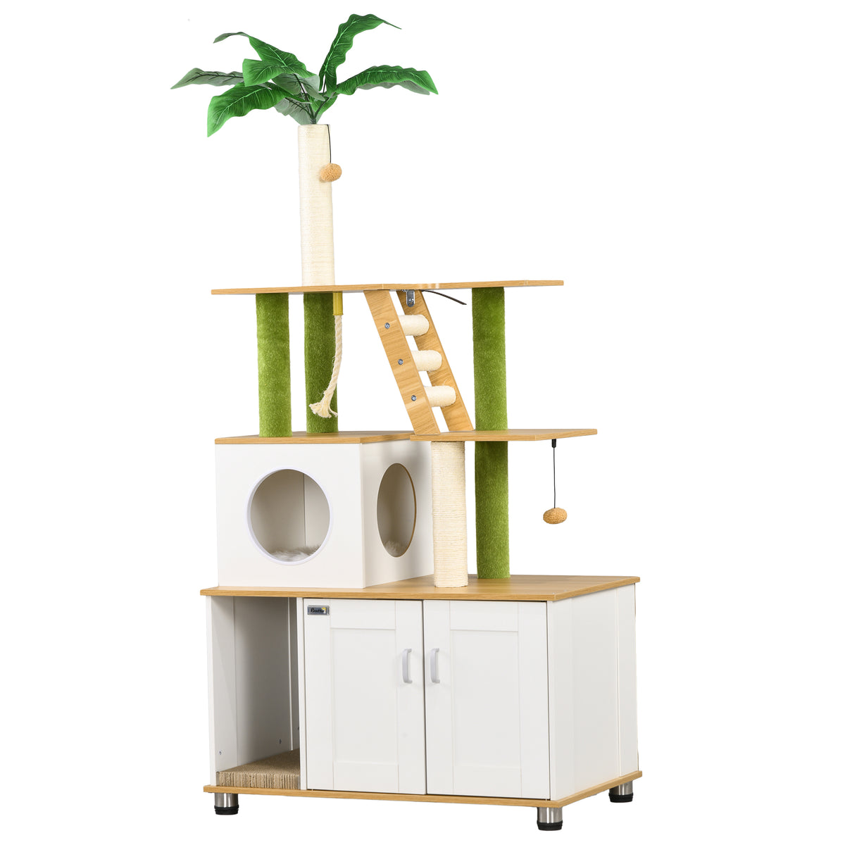 Cat tree, incl. cabinet, 1 cat cave, 80 x 48 x 160cm, 1 ladder, oak + white