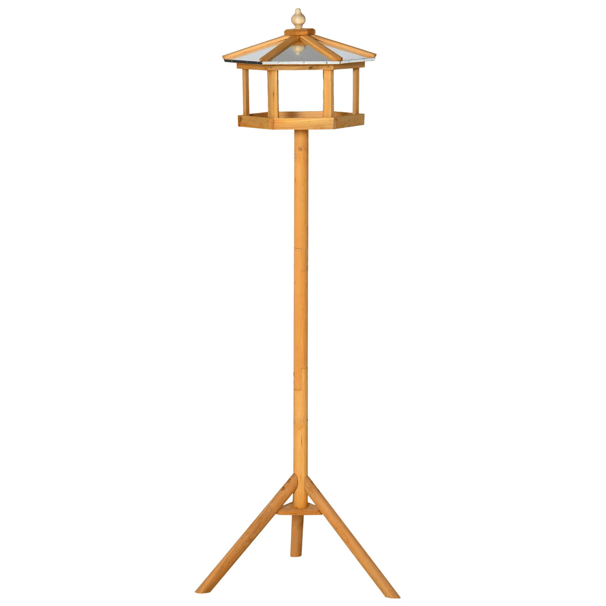 Bird house with stand, wooden bird feeder with platform, slanted metal roof, Ø57.7 x 153H cm, natural wood