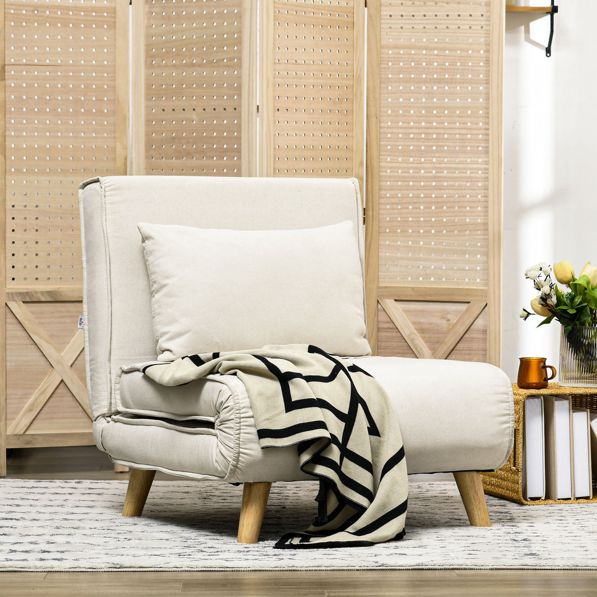 Convertible chair bed, 6-level adjustable backrest, linen-look fabric, up to 120 kg, cream (2)