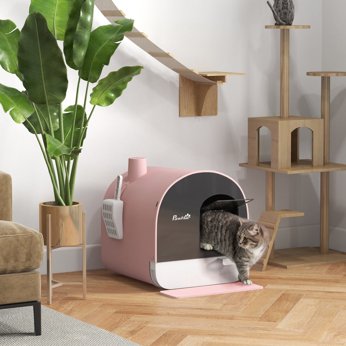 Cat litter box with lid, litter scoop, litter trapping mat, plastic, pink/black (2)