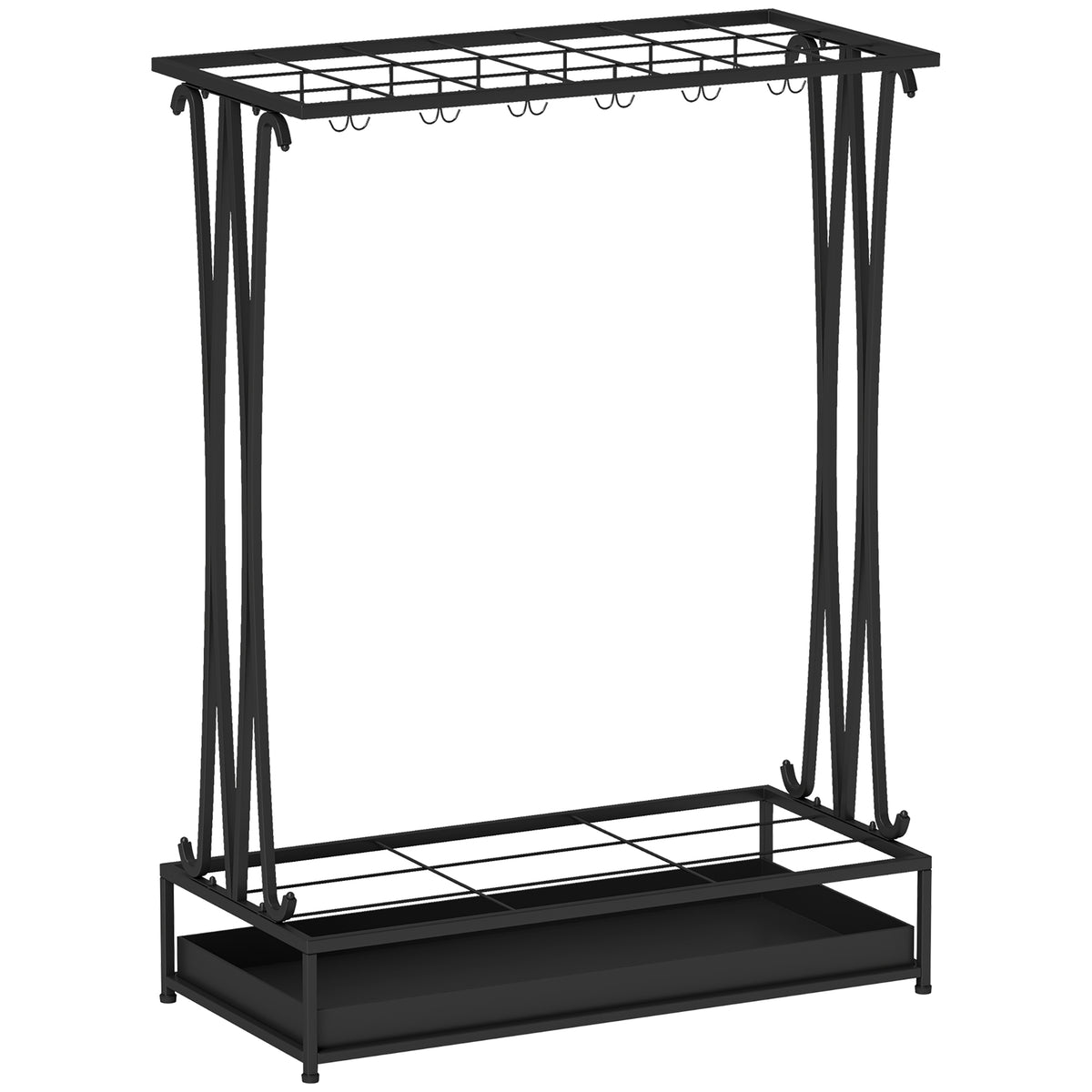 Umbrella stand with removable drip tray, umbrella stand with 21 slots and 24 hooks, steel, black