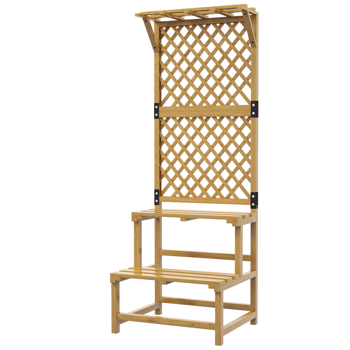 Plant stand, flower shelf, 2 tiers, with trellis & roof, fir wood, 60x50x166cm, yellow