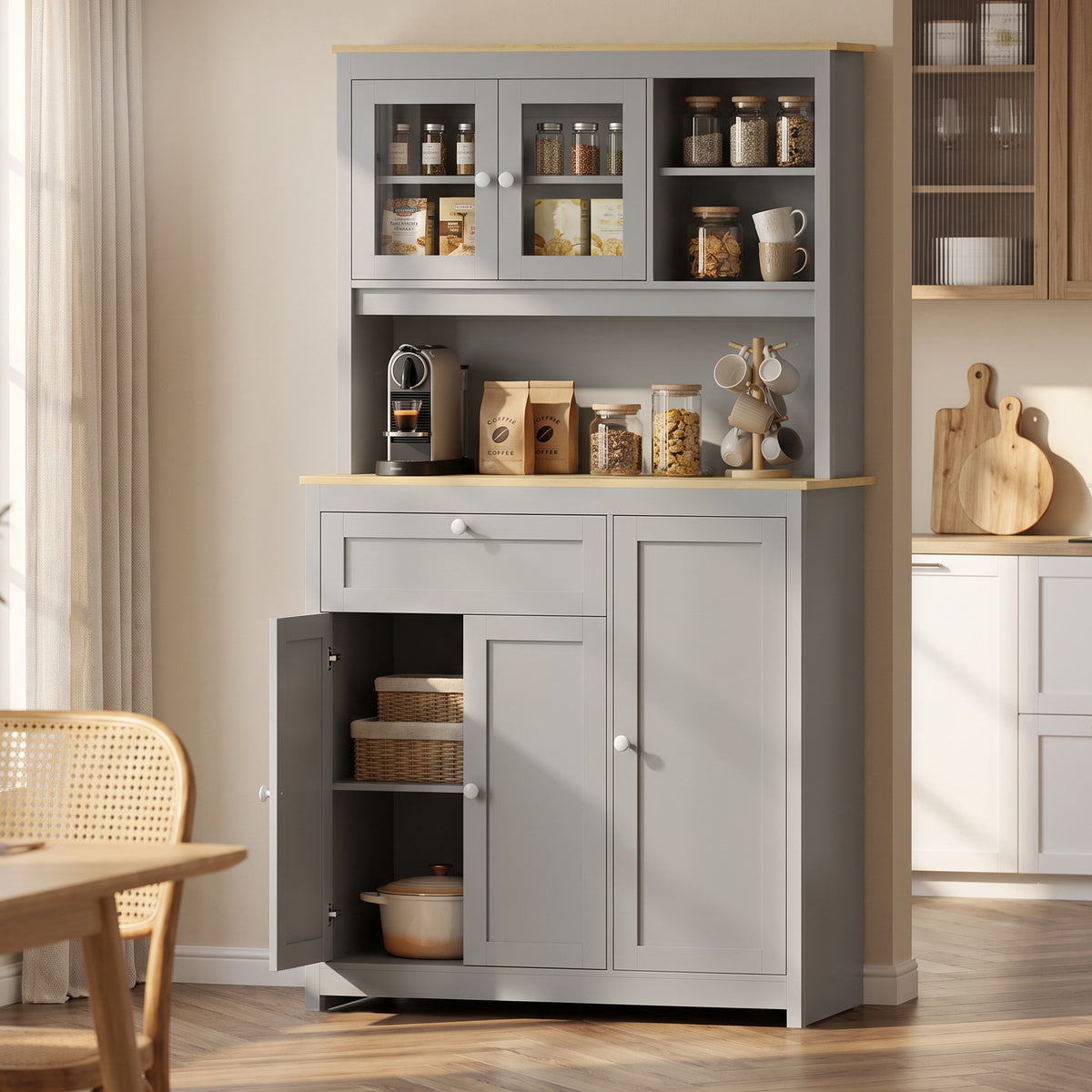 Pantry cabinet with open workspace and cable outlet, kitchen sideboard with glass doors gray, 180cm (2)