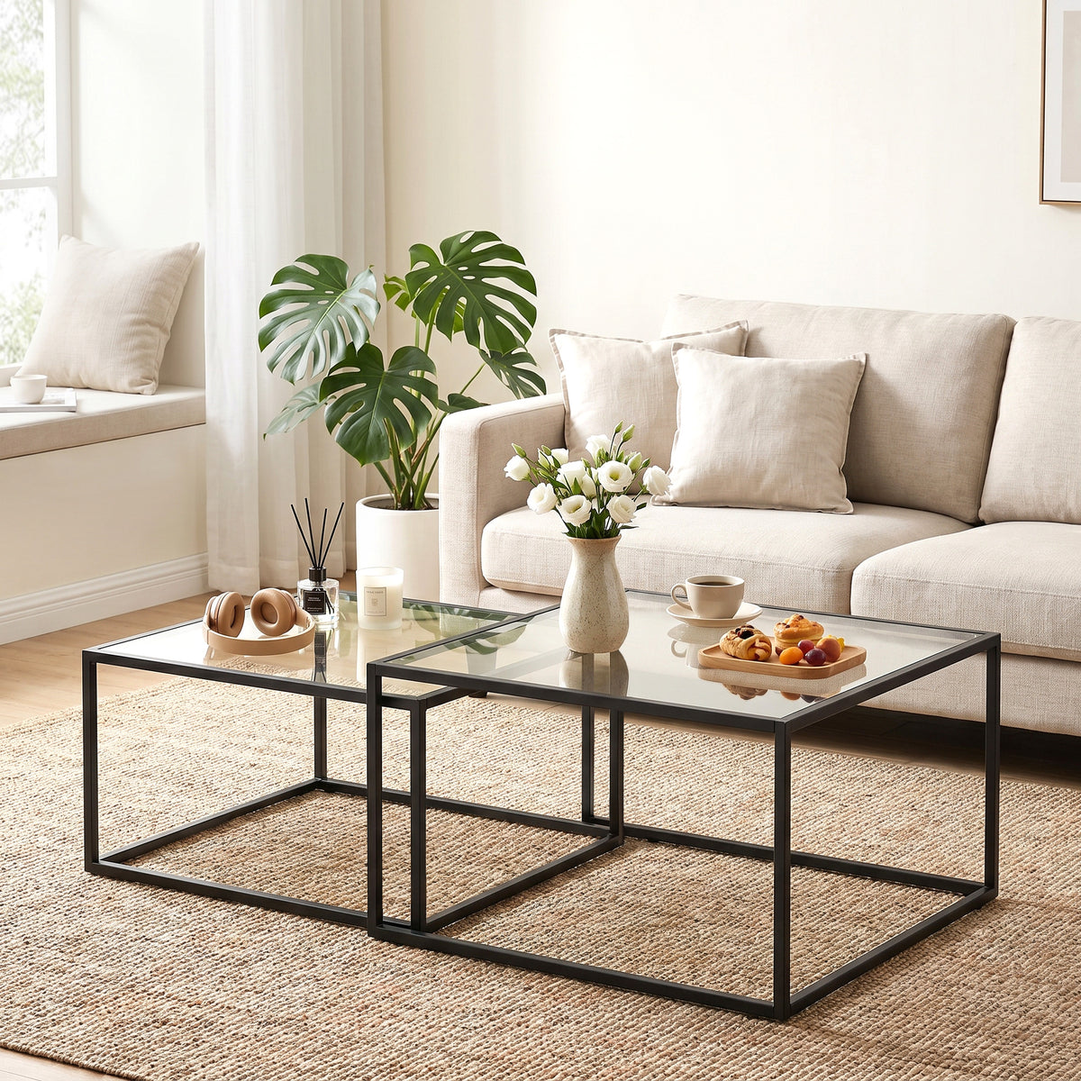 Coffee table set of 2 nesting tables with tempered glass top and metal frame, for living room black (2)