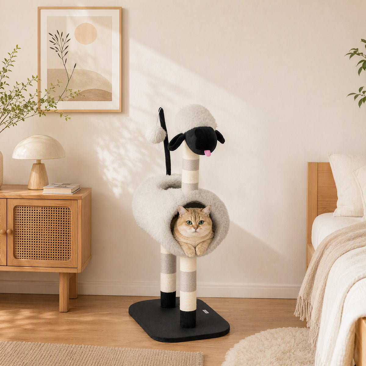 Sheep-design cat tree, with scratching posts, tunnel and toy, 98 cm, light grey (2)