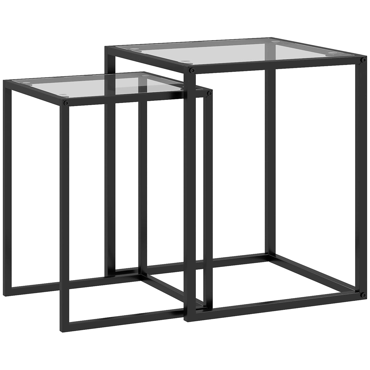 Set of 2 side tables, stackable nightstand coffee table with steel legs, modern for living room, black