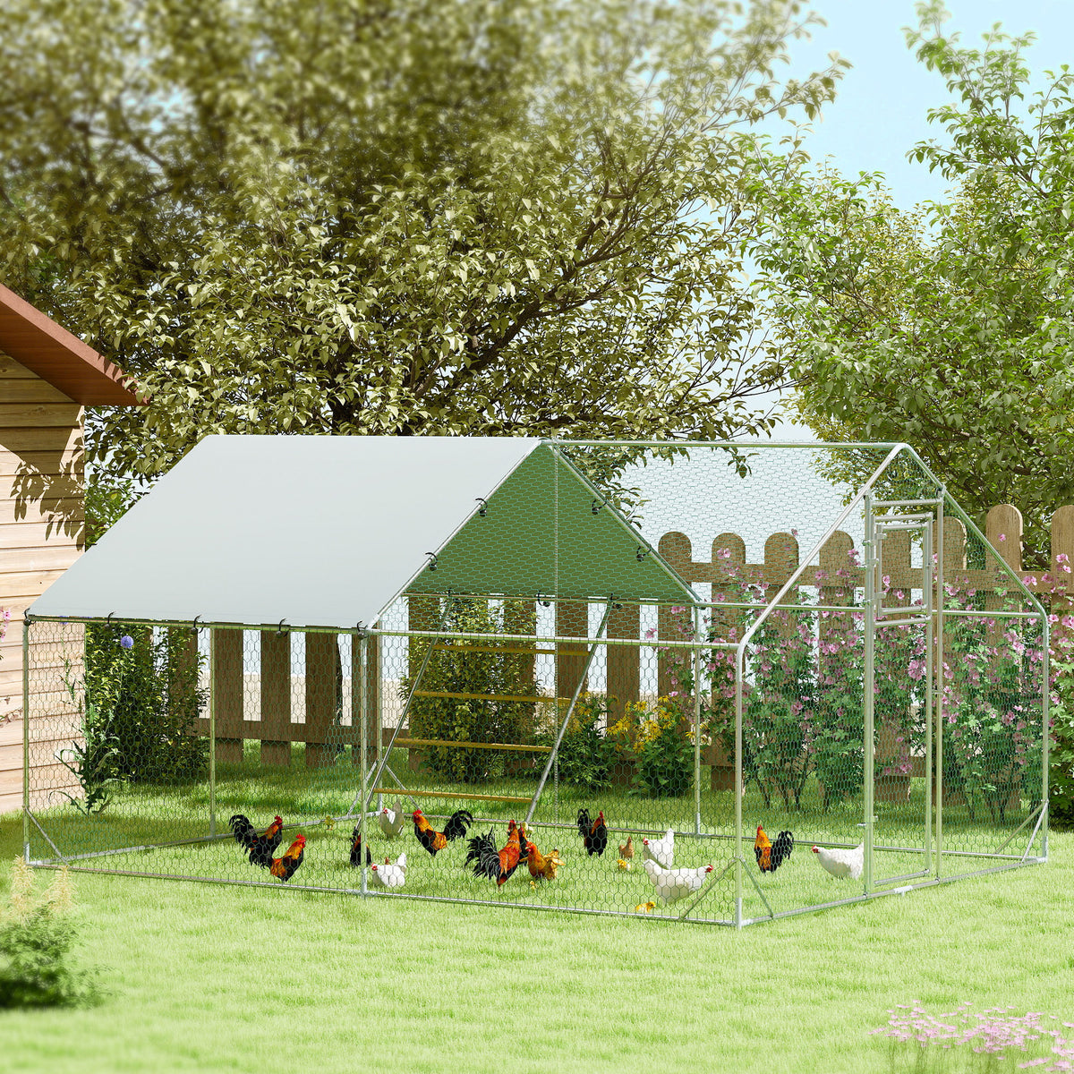 Chicken coop, outdoor enclosure for chickens, with UV-resistant tarp, steel mesh, feeder, for 12-18 chickens (2)