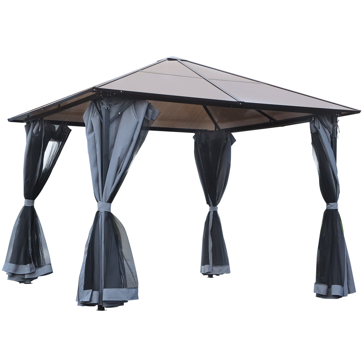 Pavilion with polycarbonate roof, curtains with mosquito net, aluminum frame, dark gray, 3 x 3 m