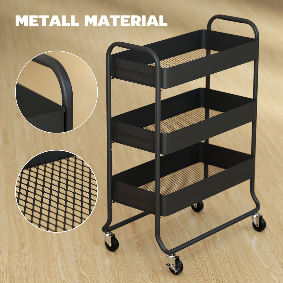 Kitchen trolley, 3 baskets, 4 castors, metal, black (6)
