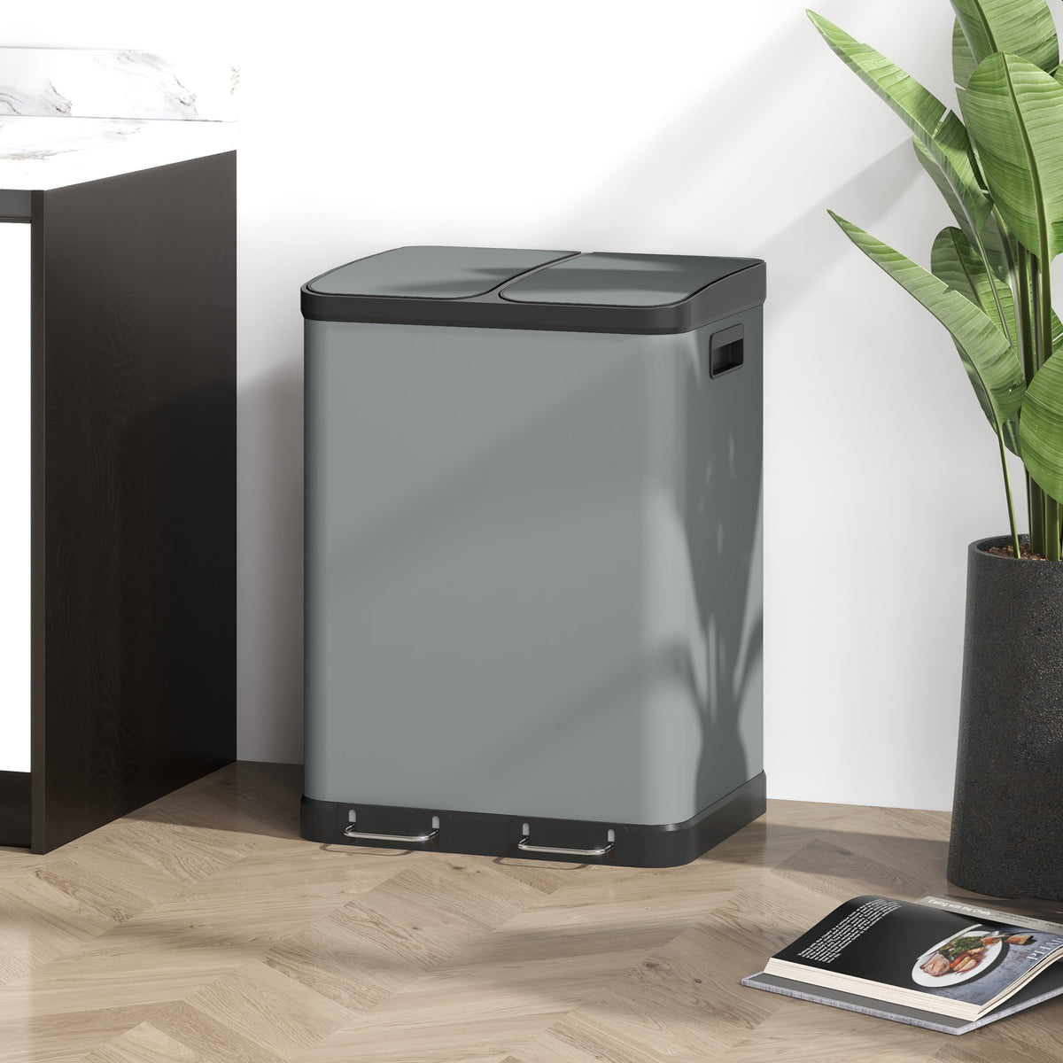 Double compartment trash can, 2 x 30L, fingerprint-resistant, pedal-operated, removable inner buckets, gray (2)