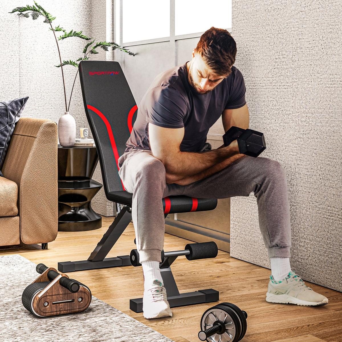 Foldable workout bench, 6-level backrest, 4-level seat, metal, padded, black (2)