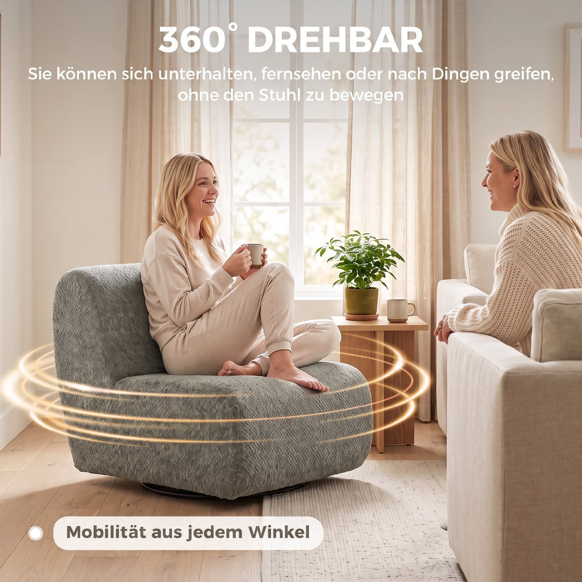 Armchair Swivel lounge chair with chenille look, wide seat, for living room, bedroom, grey (6)
