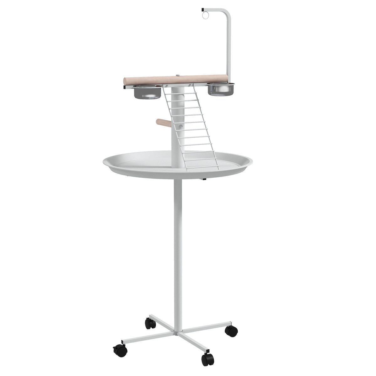 Parrot play stand, perch, 1 ladder, 1 swing, food bowls, 60 x 60 x 138 cm, white + natural