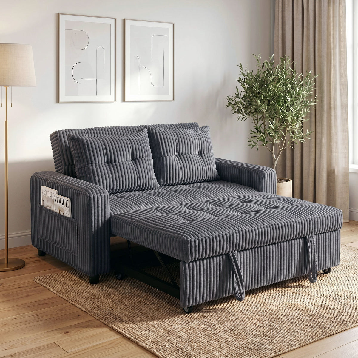 2-seater sofa bed, corduroy cover, convertible into a sleeper sofa, 2 cushions, side pockets, 157 x 190 cm, dark (2)