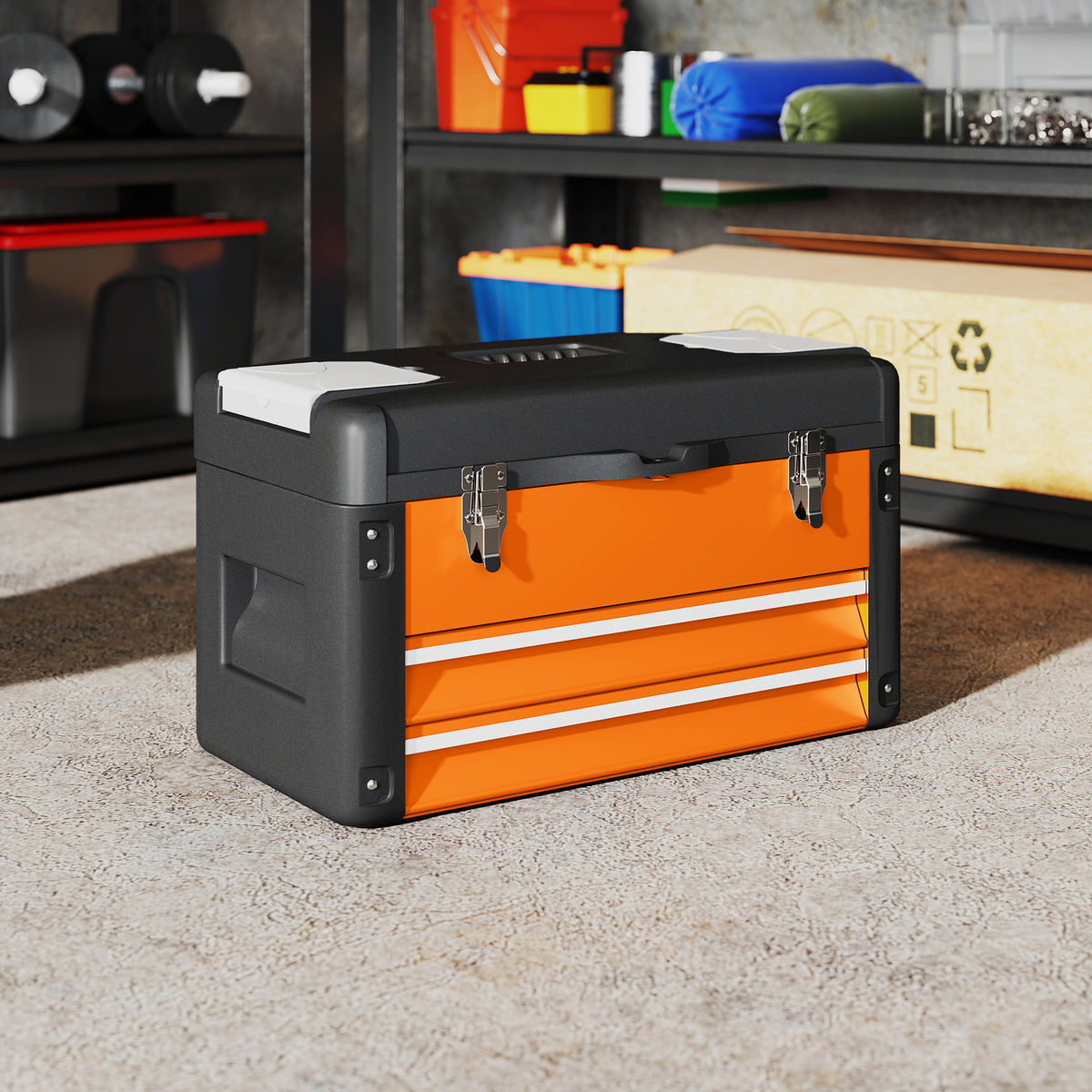 Toolbox empty, 49.7 x 25.3 x 28.9 cm tool chest with drawer, mini-box steel orange (2)