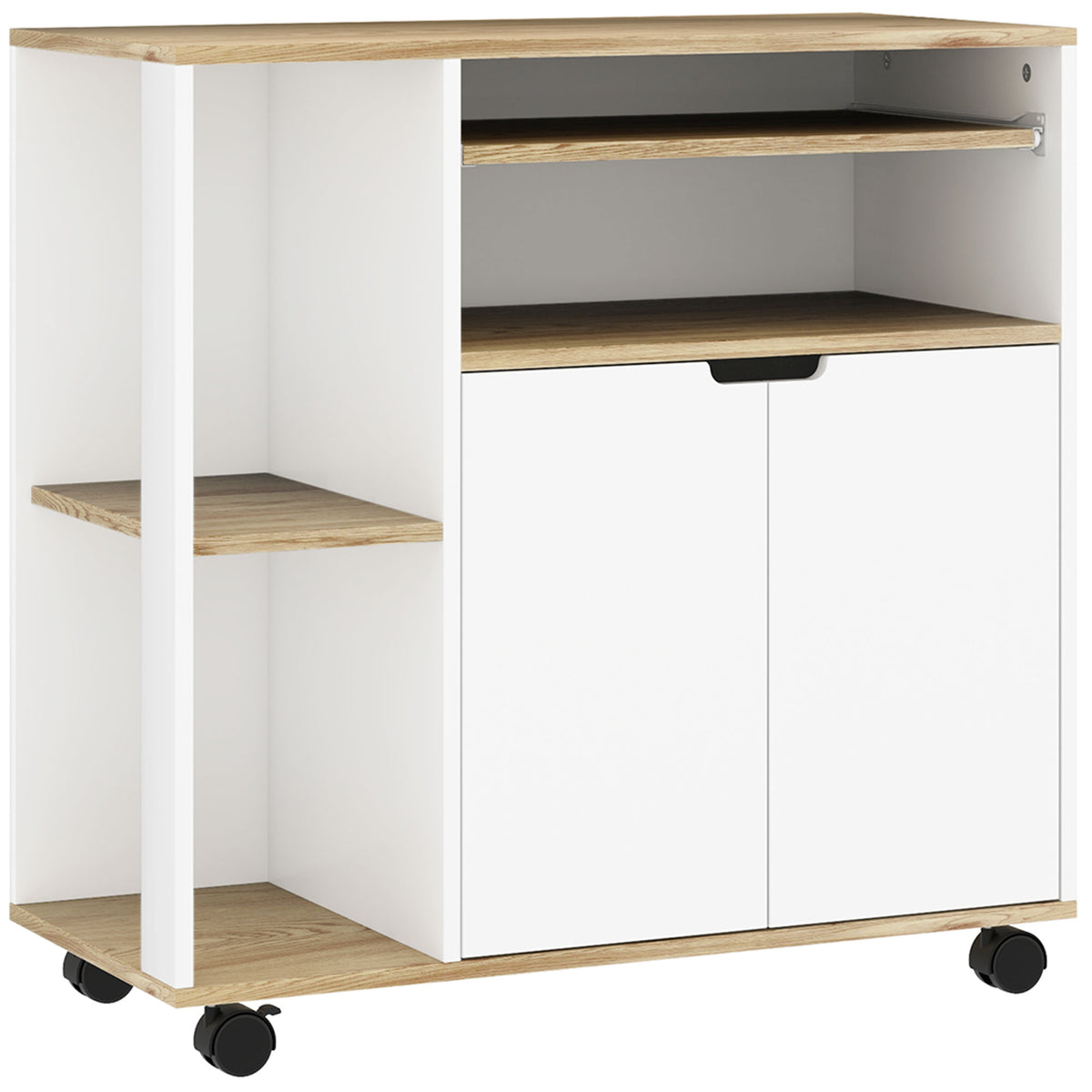 Rolling kitchen island with storage, cabinet, adjustable shelves, for kitchen, living room, dining room, white
