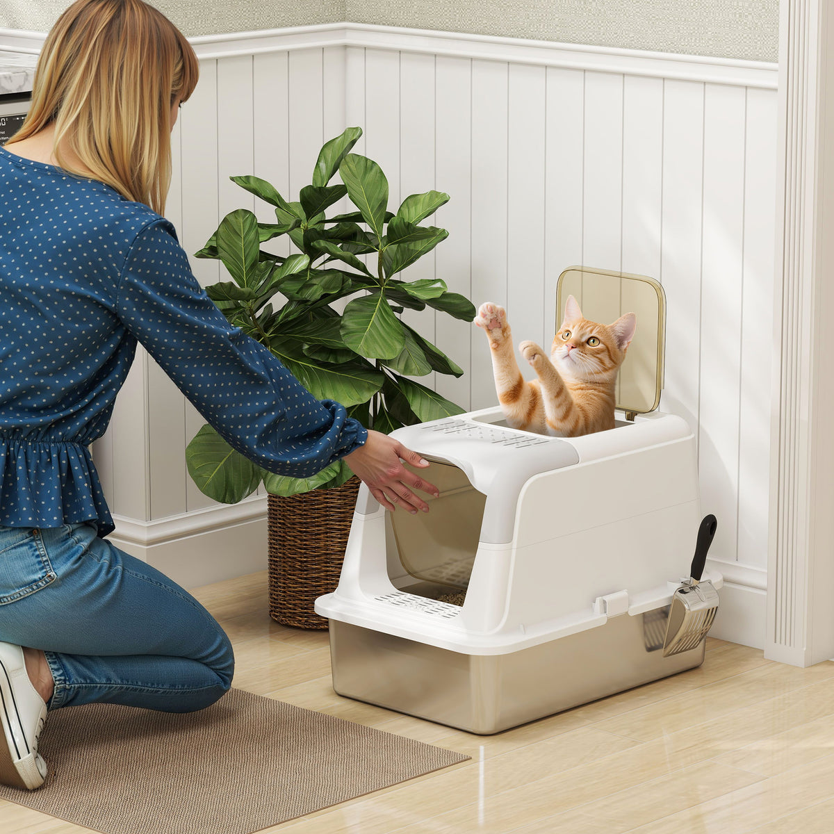 Cat litter box, covered litter box with lid, litter scoop, front entrance and top exit, stainless steel, for (2)