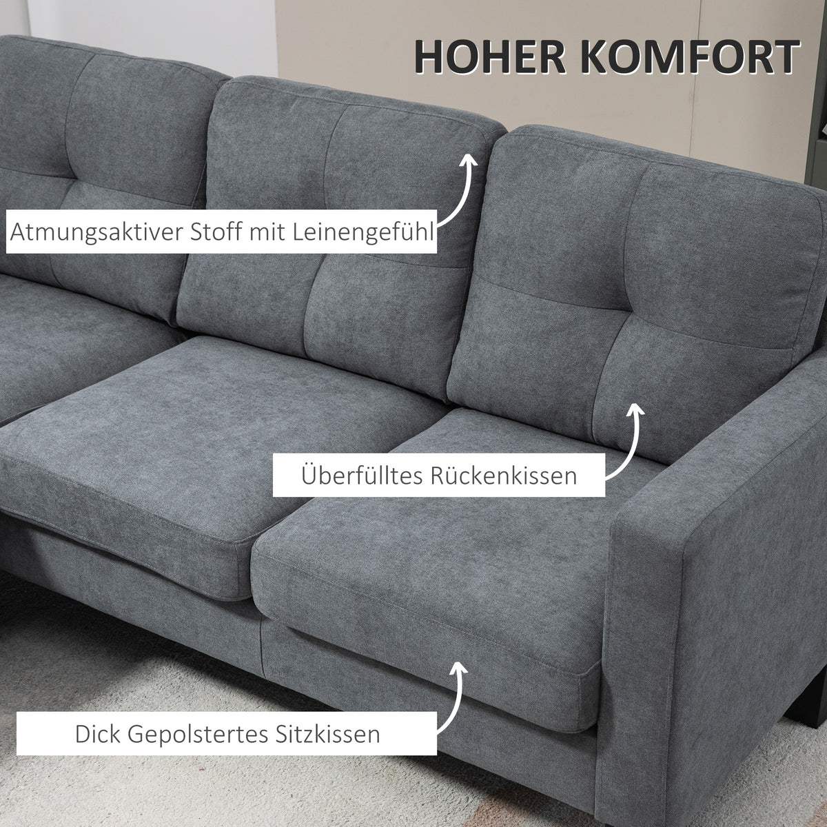 L-shaped corner sofa, reversible chaise longue, upholstered sofa, dark grey (4)