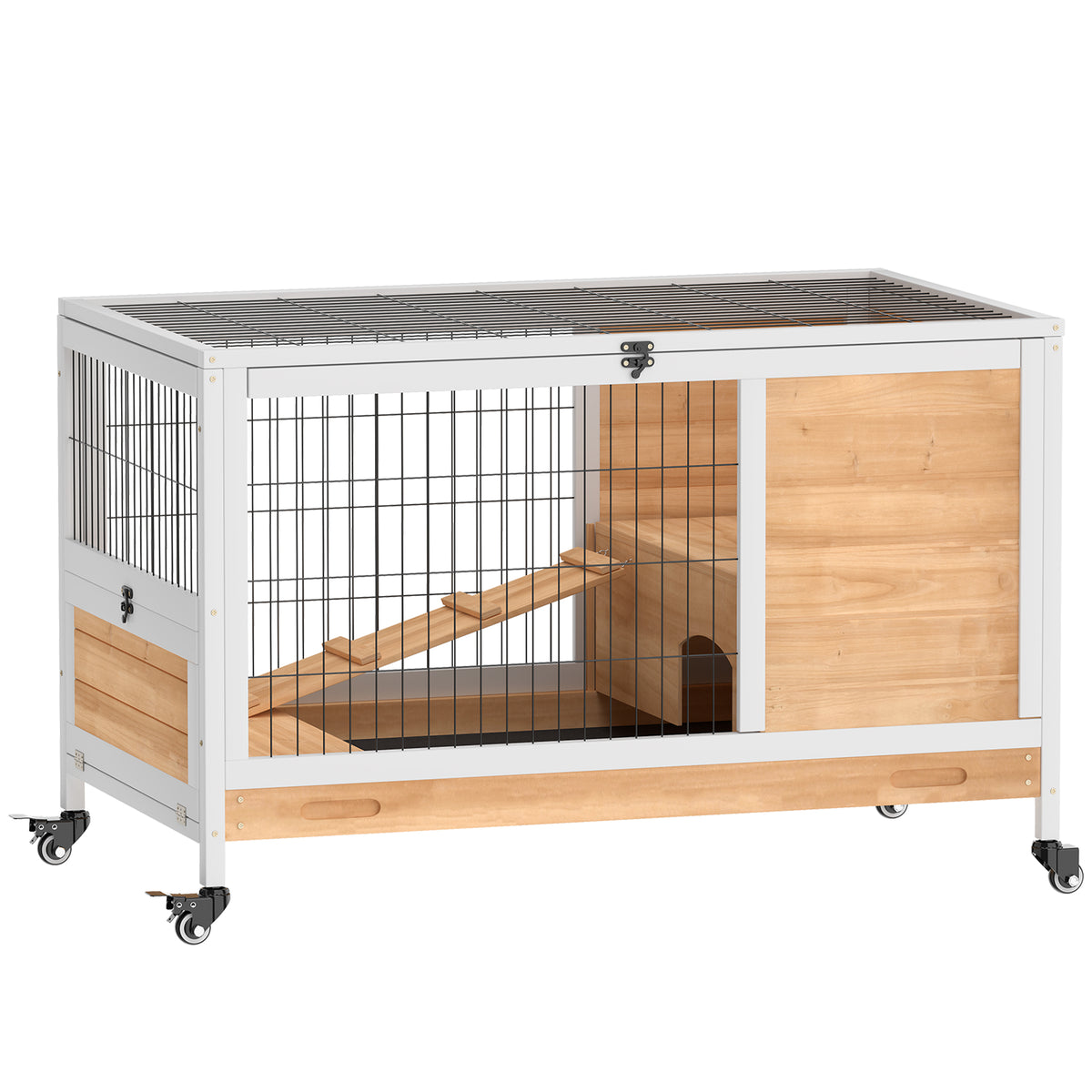 Wooden rabbit hutch rabbit cage with 2 levels, hinged roof, wheels, two entrances, ramp, and pull-out tray