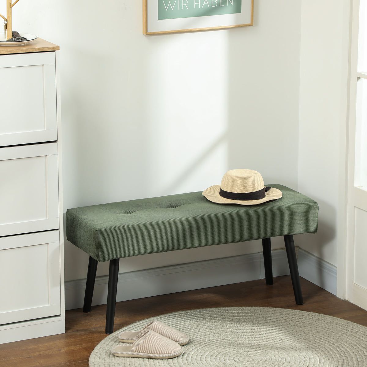 Bench upholstered bench with corduroy cover, bed bench with metal legs, shoe bench 100 x 36 x 45 cm green (2)