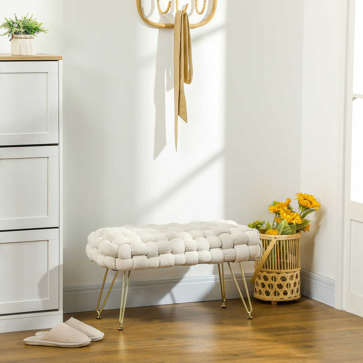 Modern footstool with metal legs, upholstered seat, for living room, bedroom, hallway, cream white (2)
