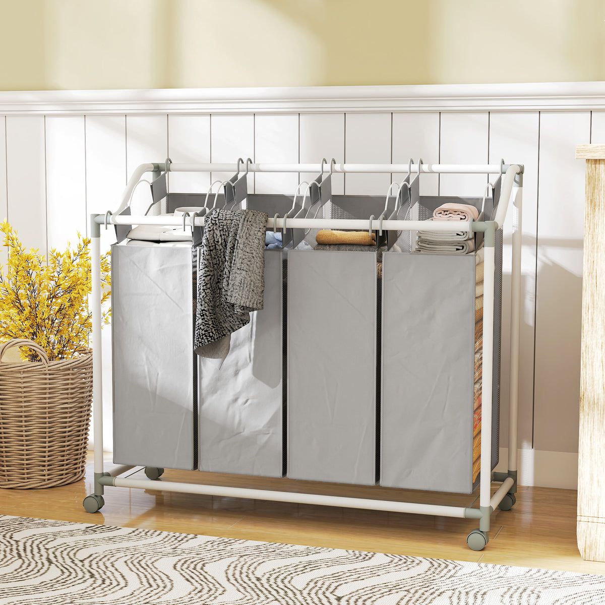 Laundry hamper with 4 compartments, 160 L laundry sorter with wheels, removable laundry bag, 97 x 38 x 81 cm (2)