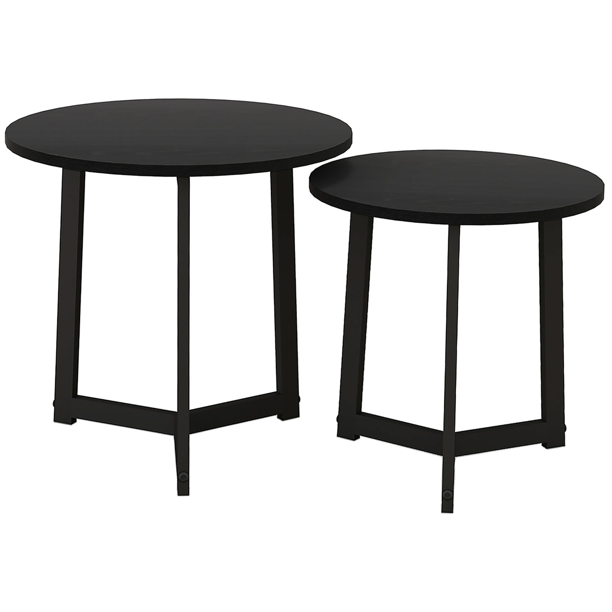 Modern coffee table set of 2, metal frame, MDF, round design, nestable, black