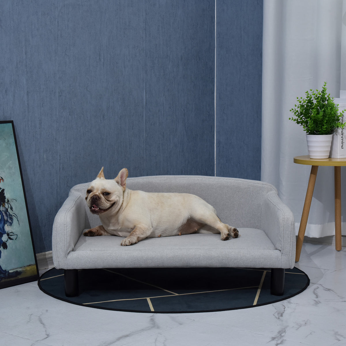 Velvet dog sofa with backrest, dog bed with wooden legs for medium-sized dogs, 82 x 54 x 36 cm, light gray (2)