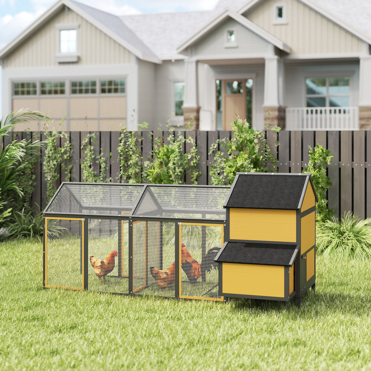 Chicken coop small animal house 2 outdoor runs, 1 nesting box, 2 ramps, asphalt roof, weatherproof, yellow (2)