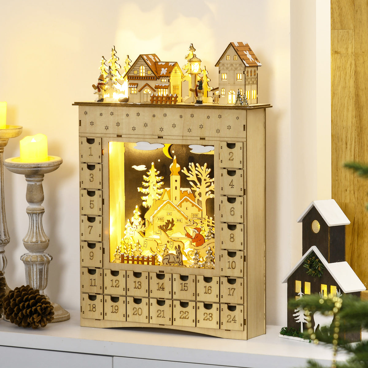 Advent calendar to fill, 24 drawers, compartments, Christmas calendar with LED lights, natural wood, 36 x 9 x 52 (2)