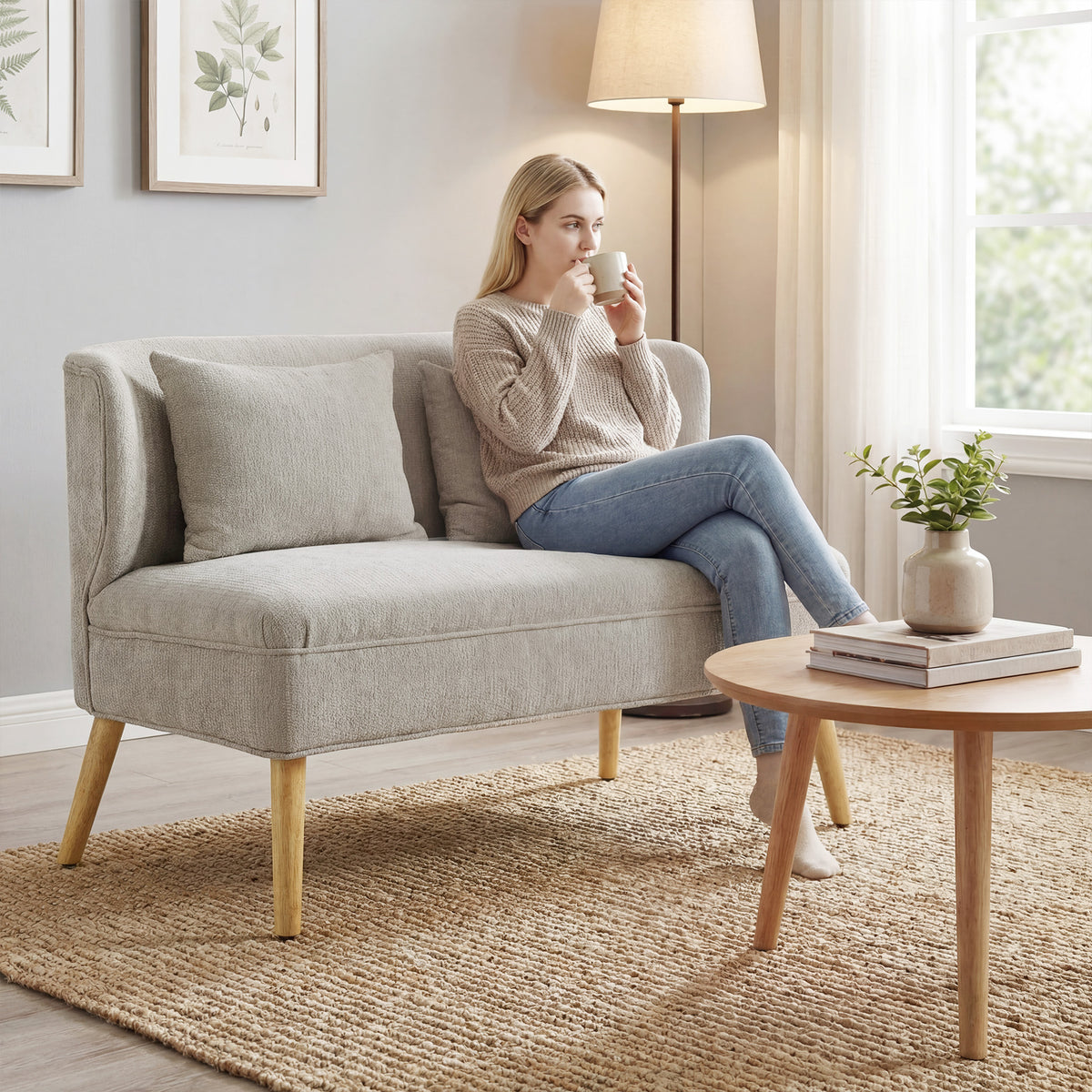 2-seater sofa, small chenille sofa with wingback, thick seat, rubberwood legs, beige (2)
