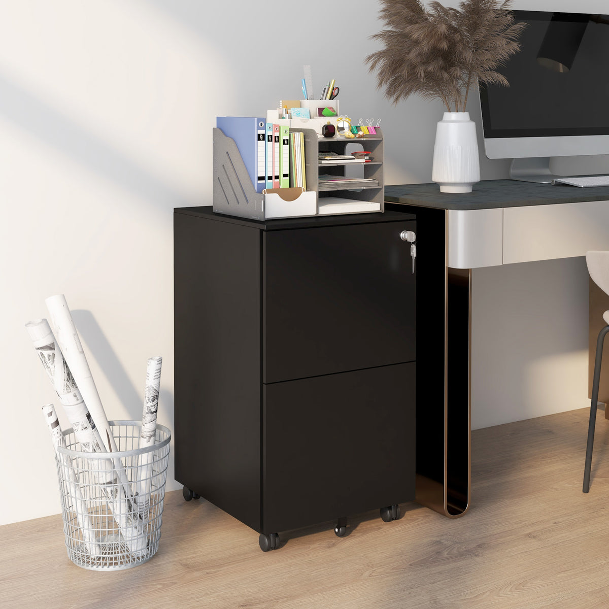 Mobile file cabinet, 2 drawers, lockable, on casters, 37 cm x 43.5 cm x 67.5 cm, black (2)