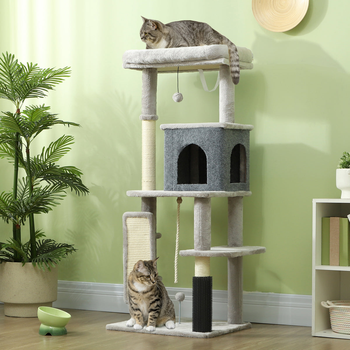 132 cm cat tree with scratching posts, bed, house, jumping platforms, grooming brush, light grey (2)