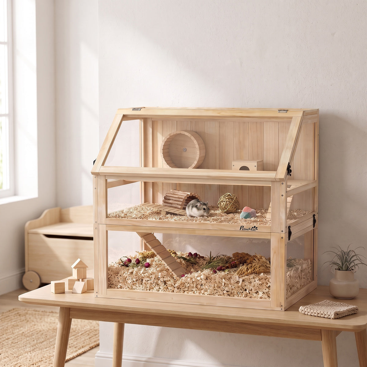 Wooden hamster cage 3 levels nagarium rodent cage with hinged lid exercise wheel 80 x 50 x 76 cm natural wood (2)