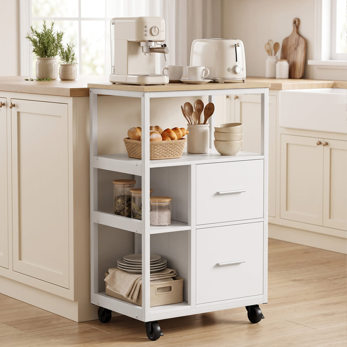 Kitchen trolley on wheels with 2 drawers, open storage compartment and 2 lockable casters, white (2)