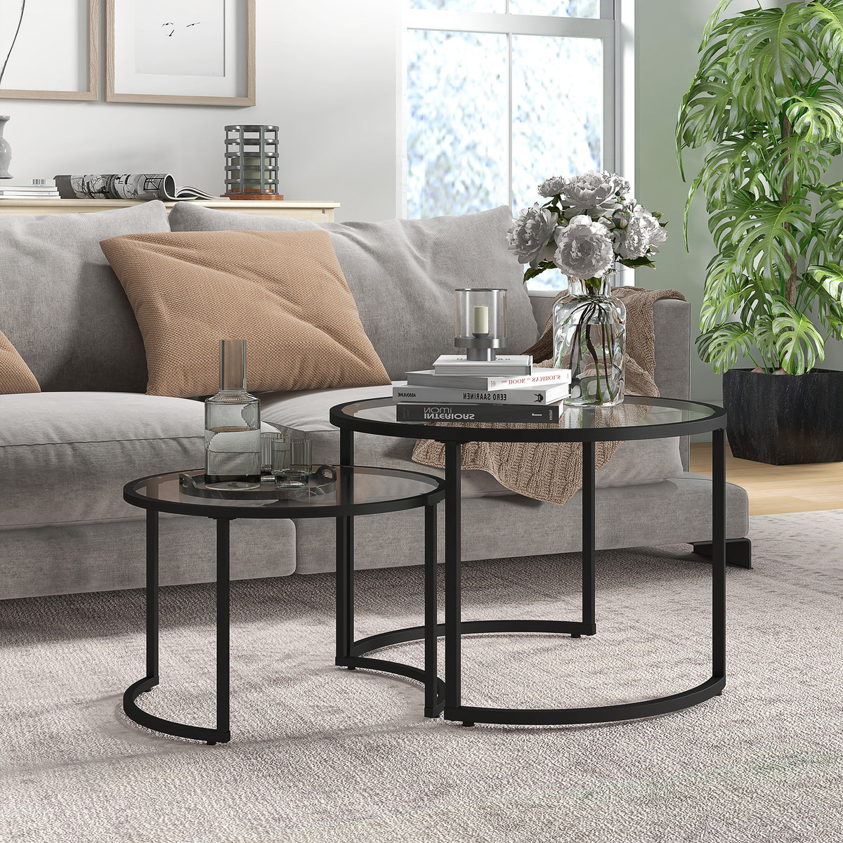 Set of 2 side tables, coffee tables in industrial design, glass tables, stackable, black + transparent (2)