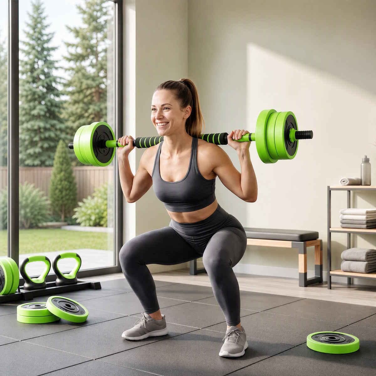 4-in-1 Dumbbell Set 20 kg Adjustable Dumbbell & Barbell Kettlebell Push-up Handles Green (2)