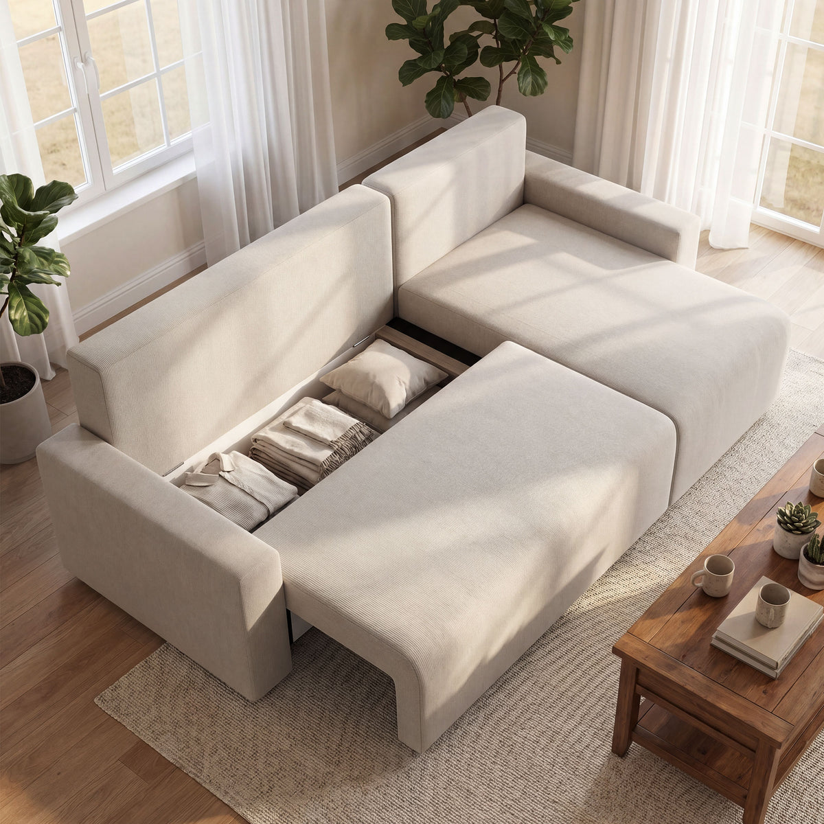 Corner sofa with sleeper function and reversible chaise longue, L-shaped 3-seater velvet sofa, beige (2)