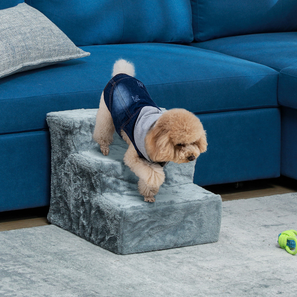 Foldable pet stairs, 3 steps, washable plush cover, chipboard, 46 x 35 x 35 cm, light gray (2)