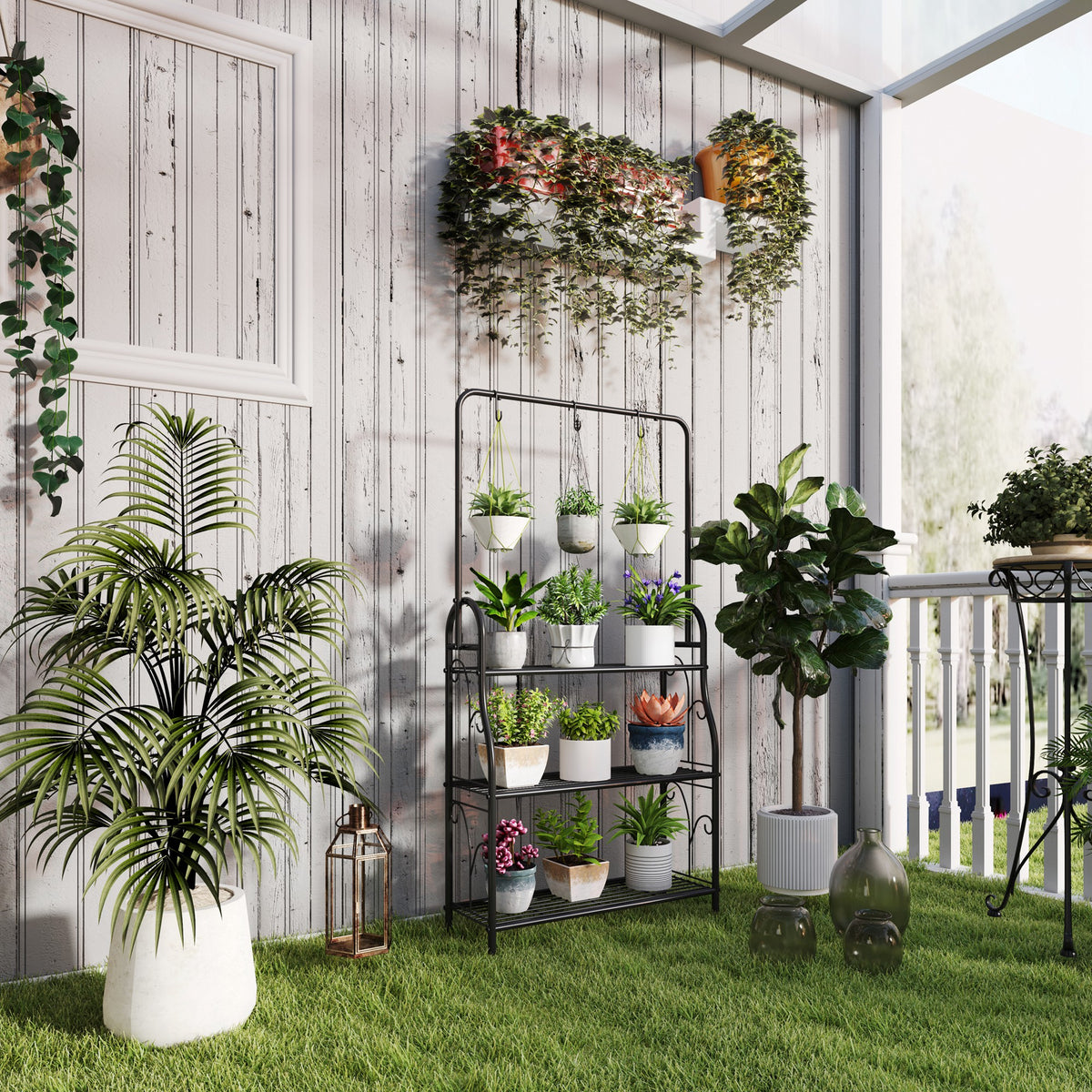 Flower shelf, 3-tier plant stand with hanging hooks, metal rack for flower pots, suitable for indoor and outdoor (2)