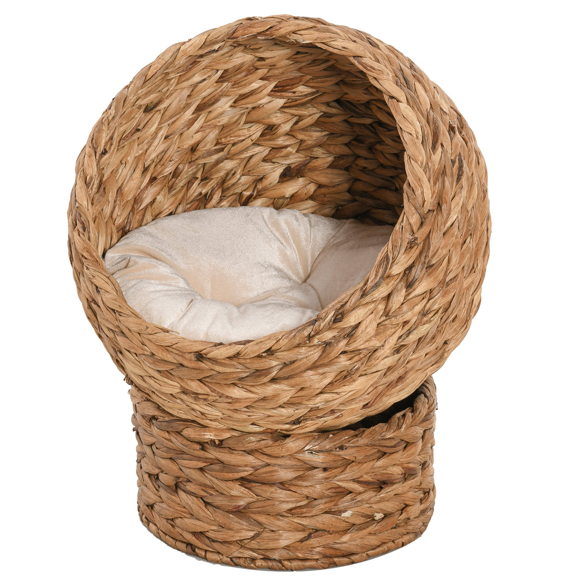 Rattan cat basket, cat cave, cat hut, cat bed with cushion, pet bed, water hyacinth, brown, 50 x 42 x 60 cm