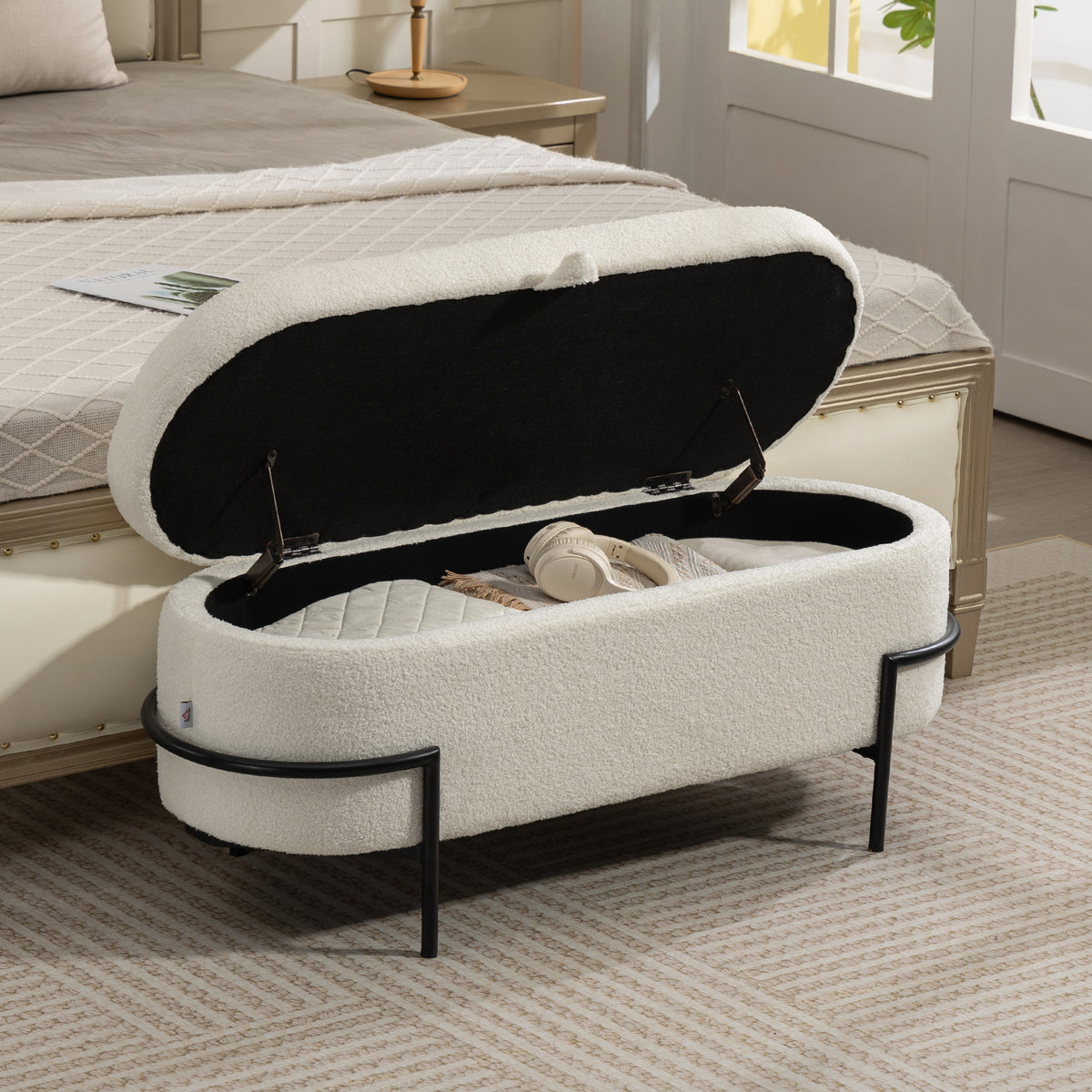 Storage stool, ottoman with lid and storage space, steel legs, upholstered stool with fleece cover, cream white (2)
