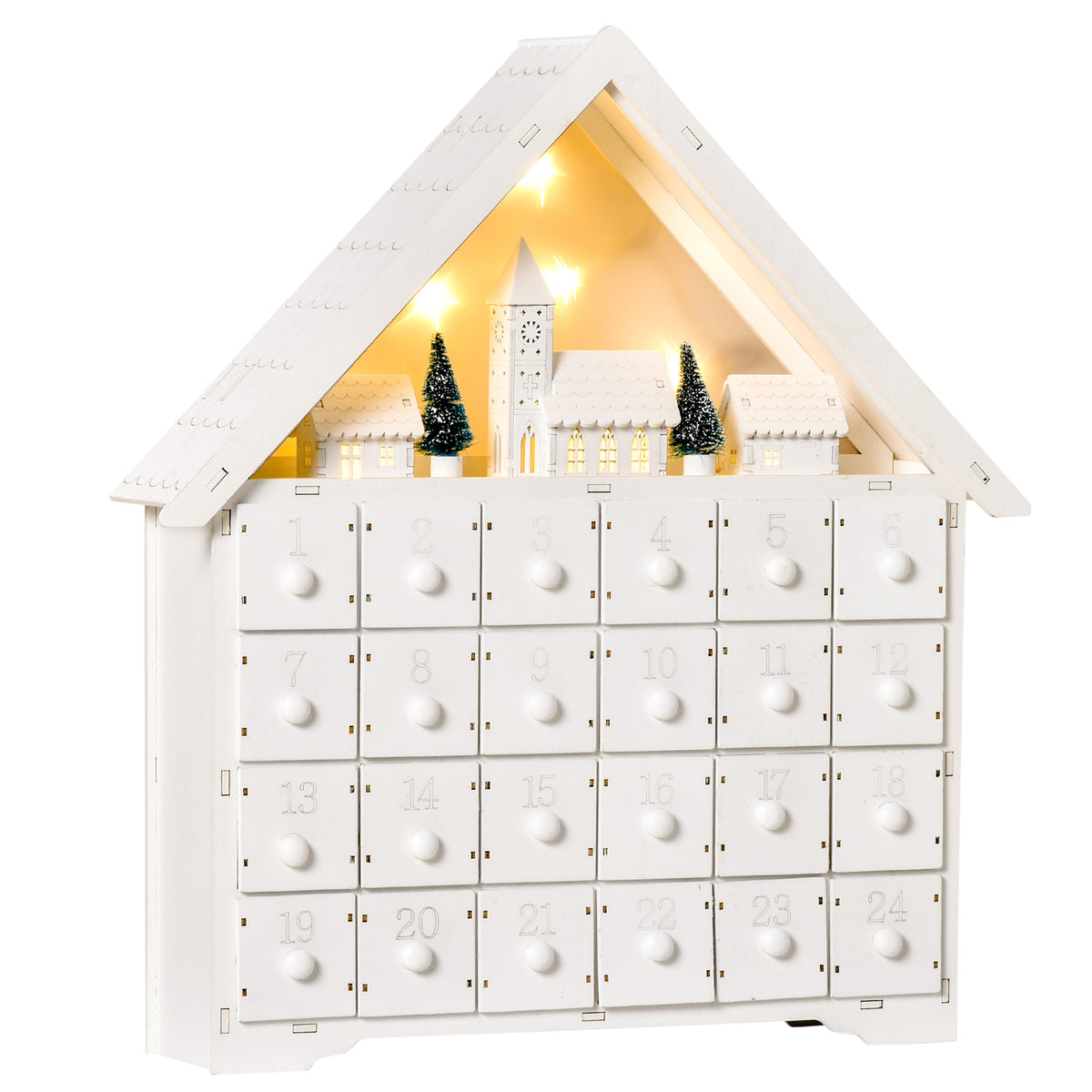 Advent calendar Christmas decoration, 24 drawers, LED lights, 39 cm x 9 cm x 42 cm, white + green