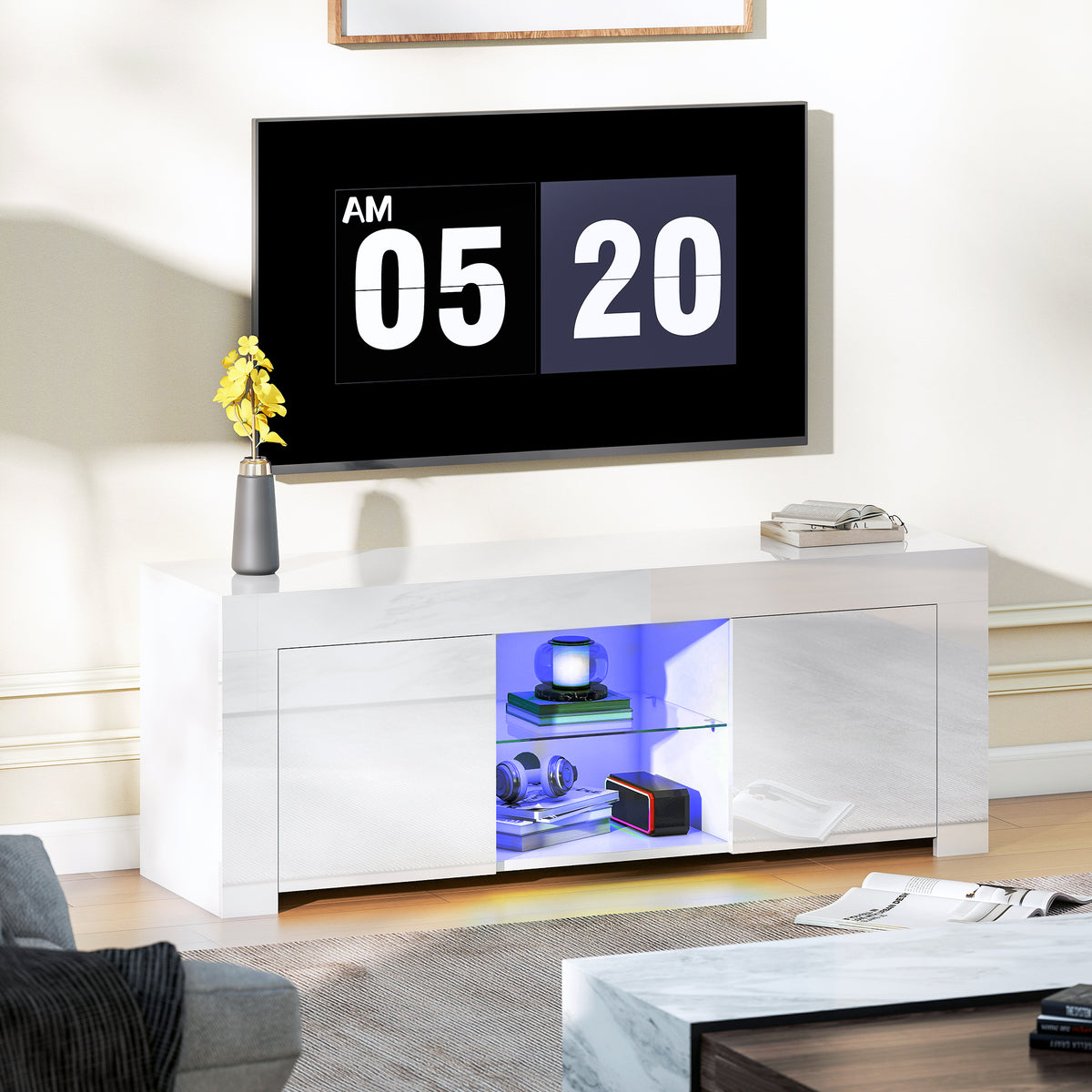 TV cabinet with LED lighting, 2 cabinet doors, glass shelf, cable holes, for living room, chipboard, white (2)