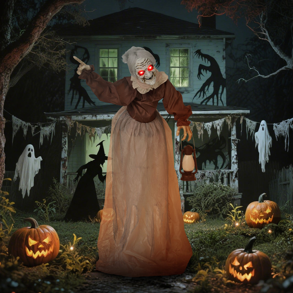 150 cm Halloween decoration Halloween witch with LED lights, sound function, adjustable arms, head (2)